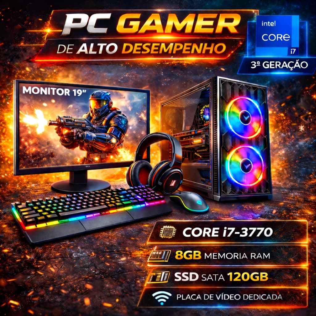 Computador Gamer Completo i7 3ª Geração - 8GB - 120GB - Monitor 19" - Periféricos