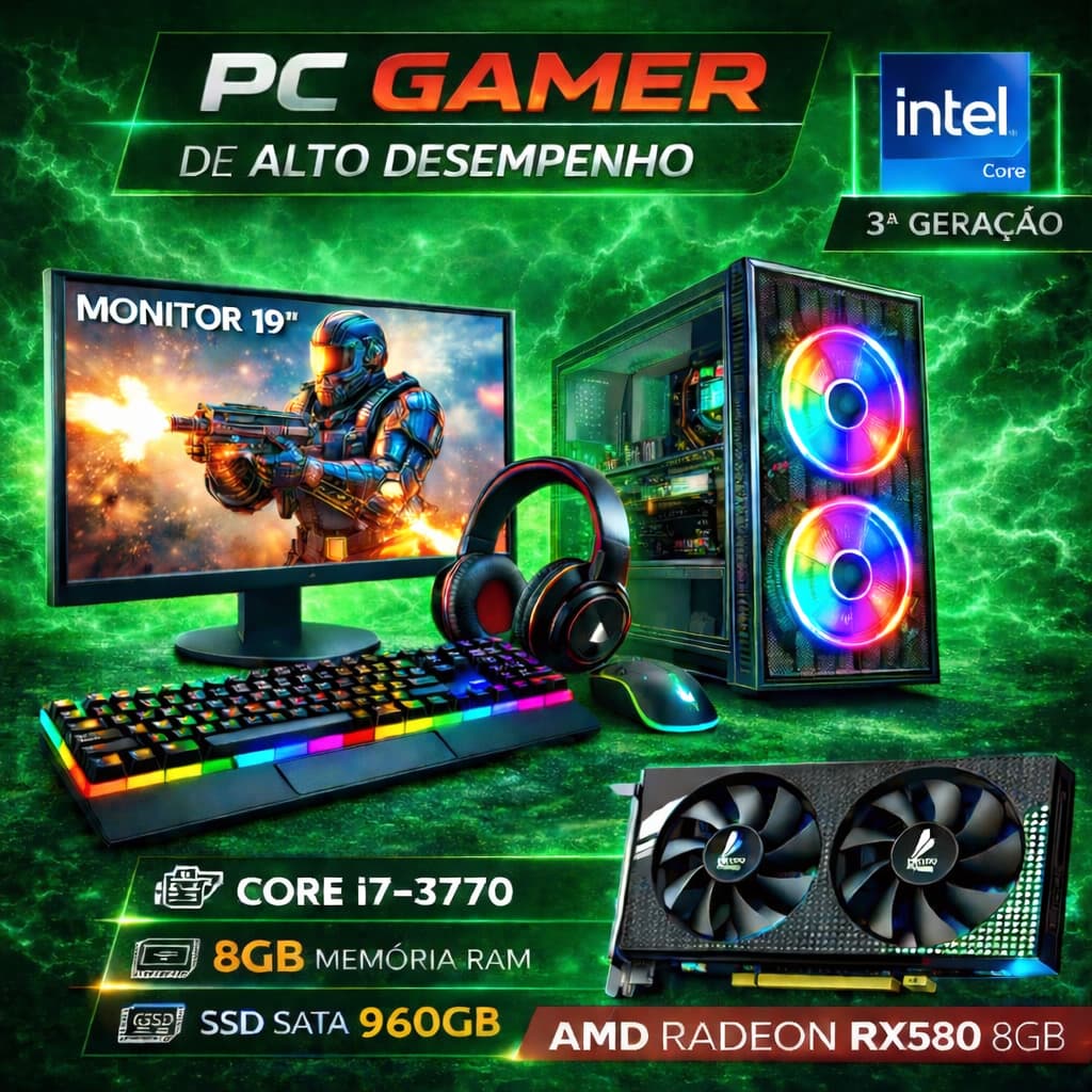 Computador Gamer Completo i7 3.4Ghz - SSD 960GB - 8GB de RAM - Placa de Vídeo RX580 8GB - Monitor 19"