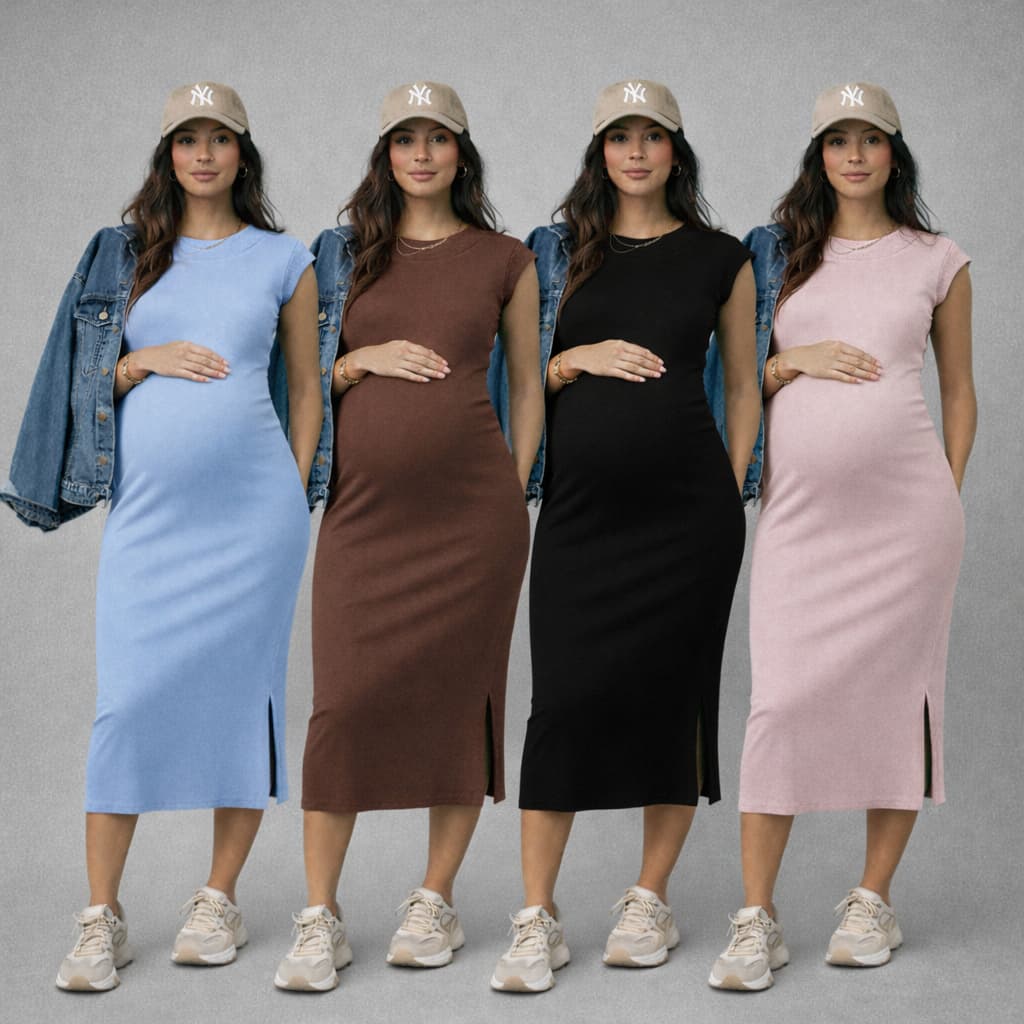 Vestido Midi Tubinho Gestante Muscle Tee Canelado/Ribana com Fenda para Gravida Regata Elegante