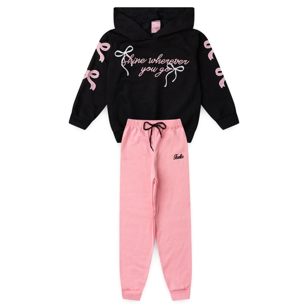 Conjunto Moletom Peluciado Infantil Feminino Laços - Preto