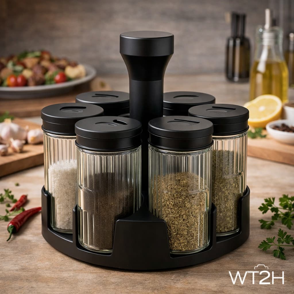 Porta Tempero e Condimento Premium Luxuoso Moderno Giratório Com 6 Pote de Vidro 85ml Para Cozinha