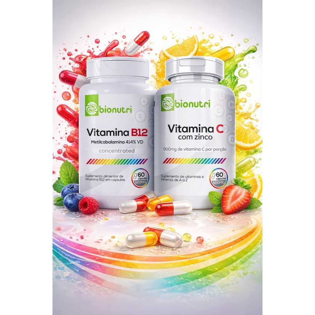 KIT VITAMINA B12 + VITAMINA C COM ZINCO BIONUTRI 60 CÁPS CADA