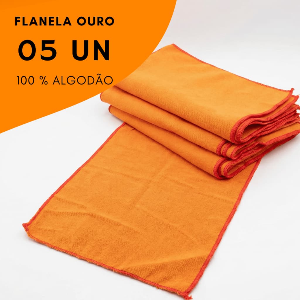 Kit 5 Flanela Laranja 38x28 Algodão | Flanela de Limpeza Multiuso | Overloque | Casa/Carro