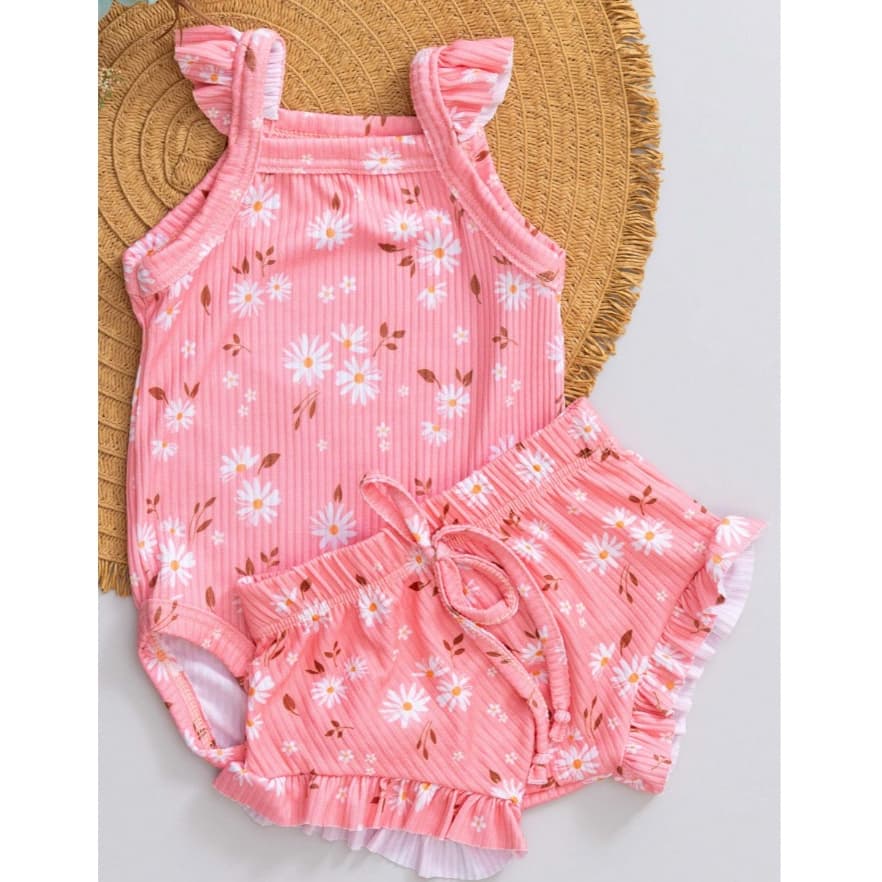 Conjunto de Bebê Canelado Infantil Verão Body e Shorts Estampado com Babado Menina
