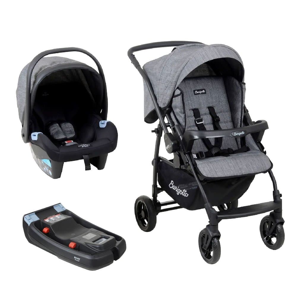 Kit Carrinho RIO 22- Preto Mesclado Burigotto com Bebê conforto + Base Belted (0 À 22Kg)