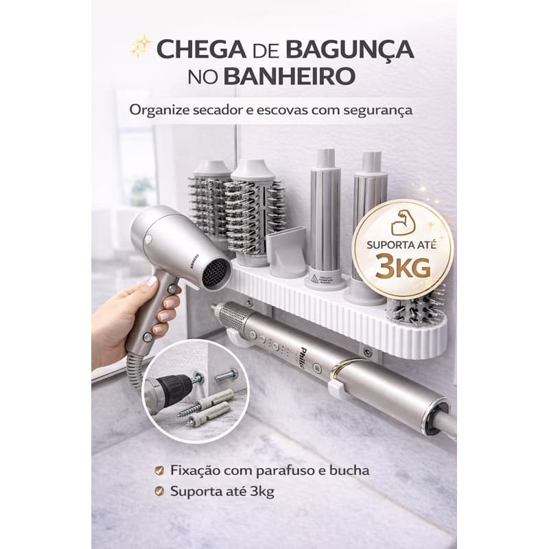 Suporte Organizador de Parede para Secador de Cabelo 4 em1 e Prateleira Banheiro