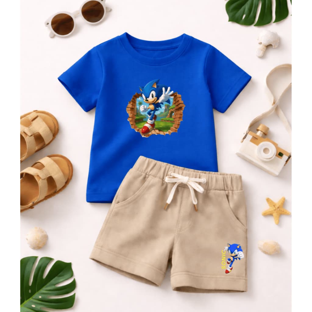 Conjunto Infantil Sonic Para Meninos Estiloso de Verão - Camiseta Manga Curta e Bermuda de Moletom Básico Casual