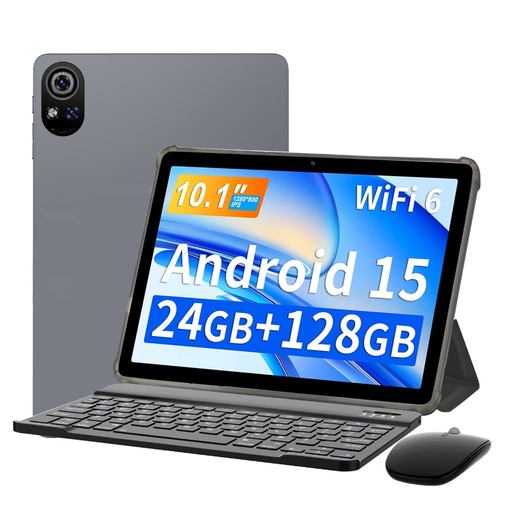 10.1" Tablet com Teclado Mouse Capa e Caneta, Tablet Android 15 com Bateria de 8000mAh, 24GB RAM+128GB ROM,Cinza