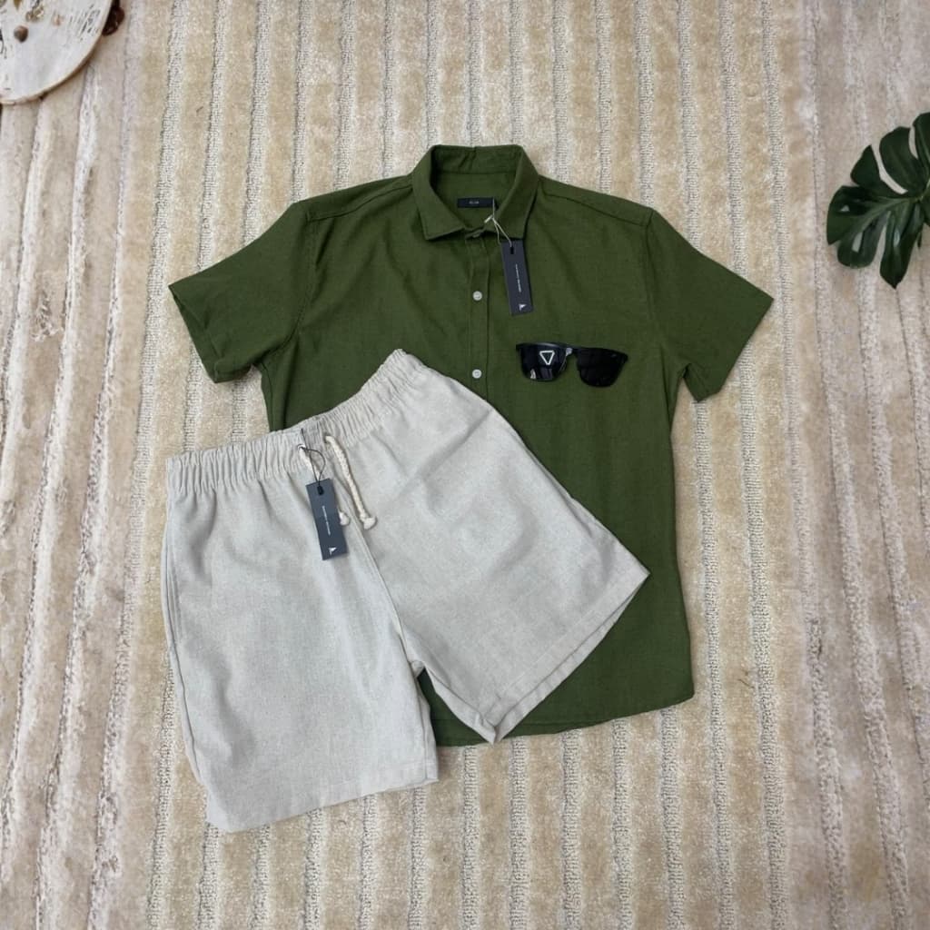Kit Camisa + Bermuda Masculino Linho Manga Curta Social Casual Slim Fit Verão Elegante