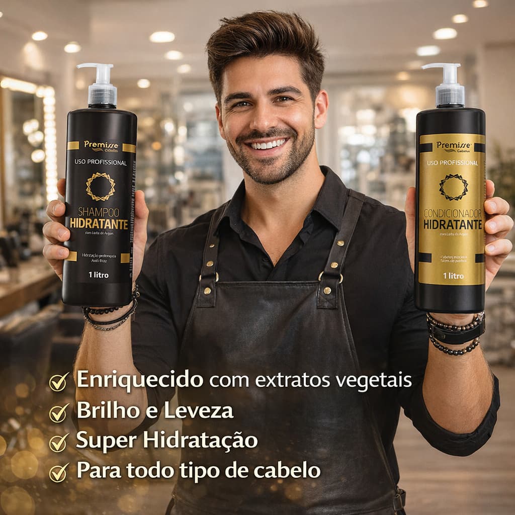 Condicionador E Shampoo Hidratante Com Leite De Argan 1L Premisse - Alto poder de Limpeza, Super Hidratação, Brilho