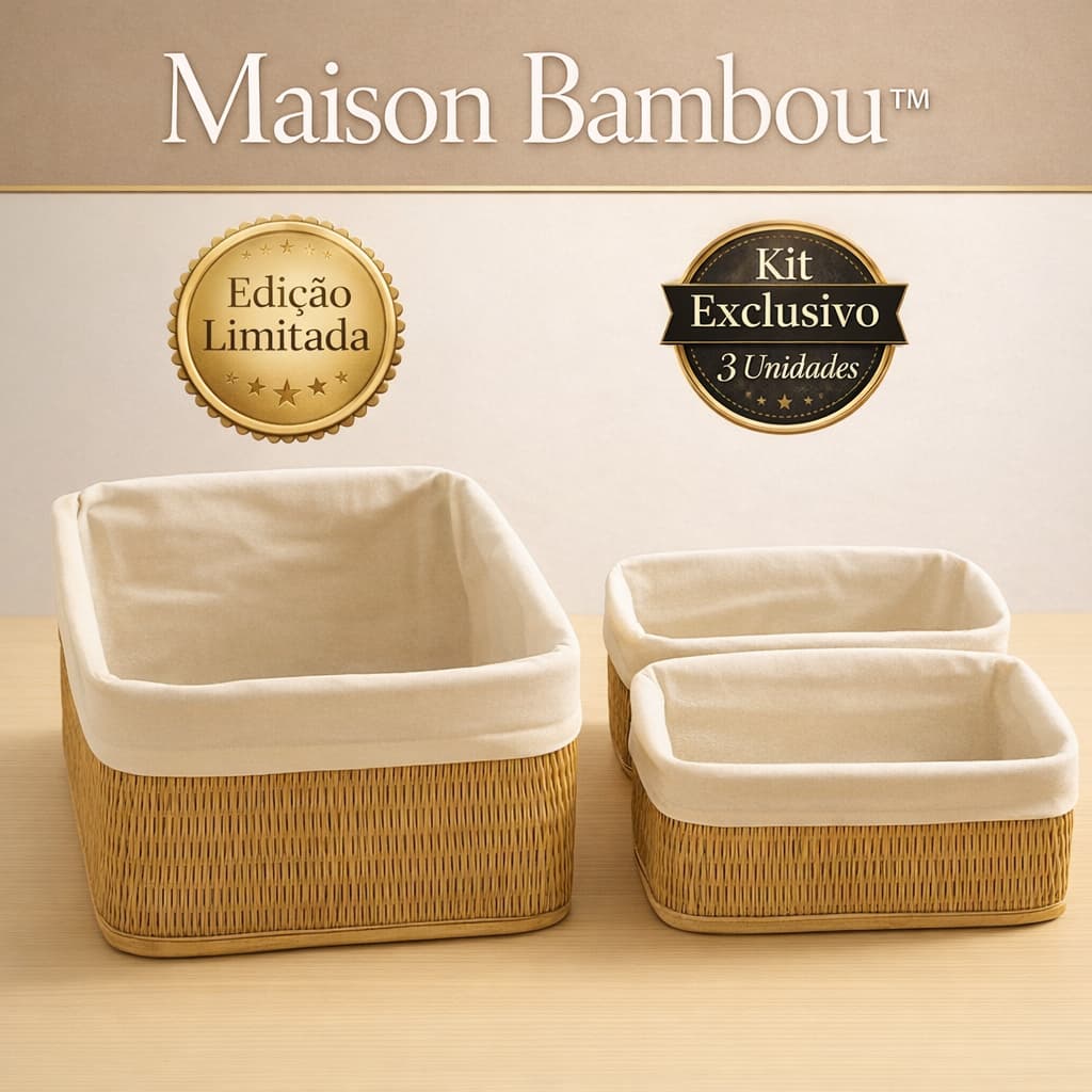 Maison Bambou™Kit Trio Cestos Organizadores Bambu Natural Multiuso Decoracao Ambiente Cozinha Casa