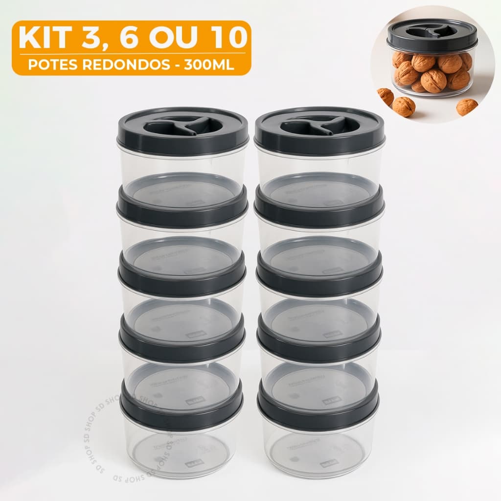 Kit 3 6 ou 10 Potes Redondo 300ml Tampa Rosca Potinhos Transparentes Papinha Tempero Doce Comidas