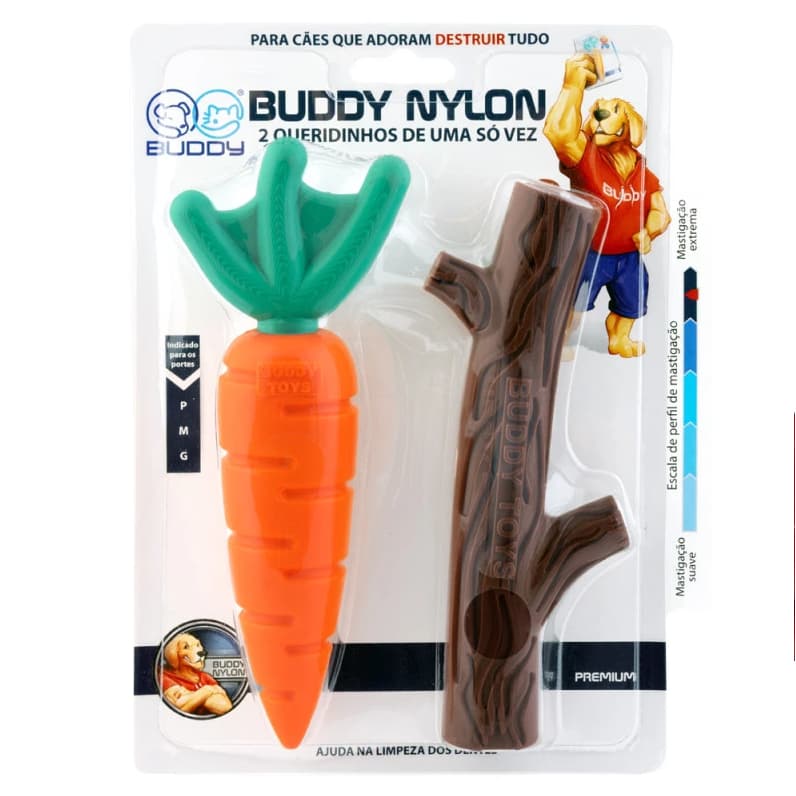 Kit 2 Brinquedos Para Cães Mordedor Resistente Nylon Queridinhos Cenoura e Graveto Buddy Toys