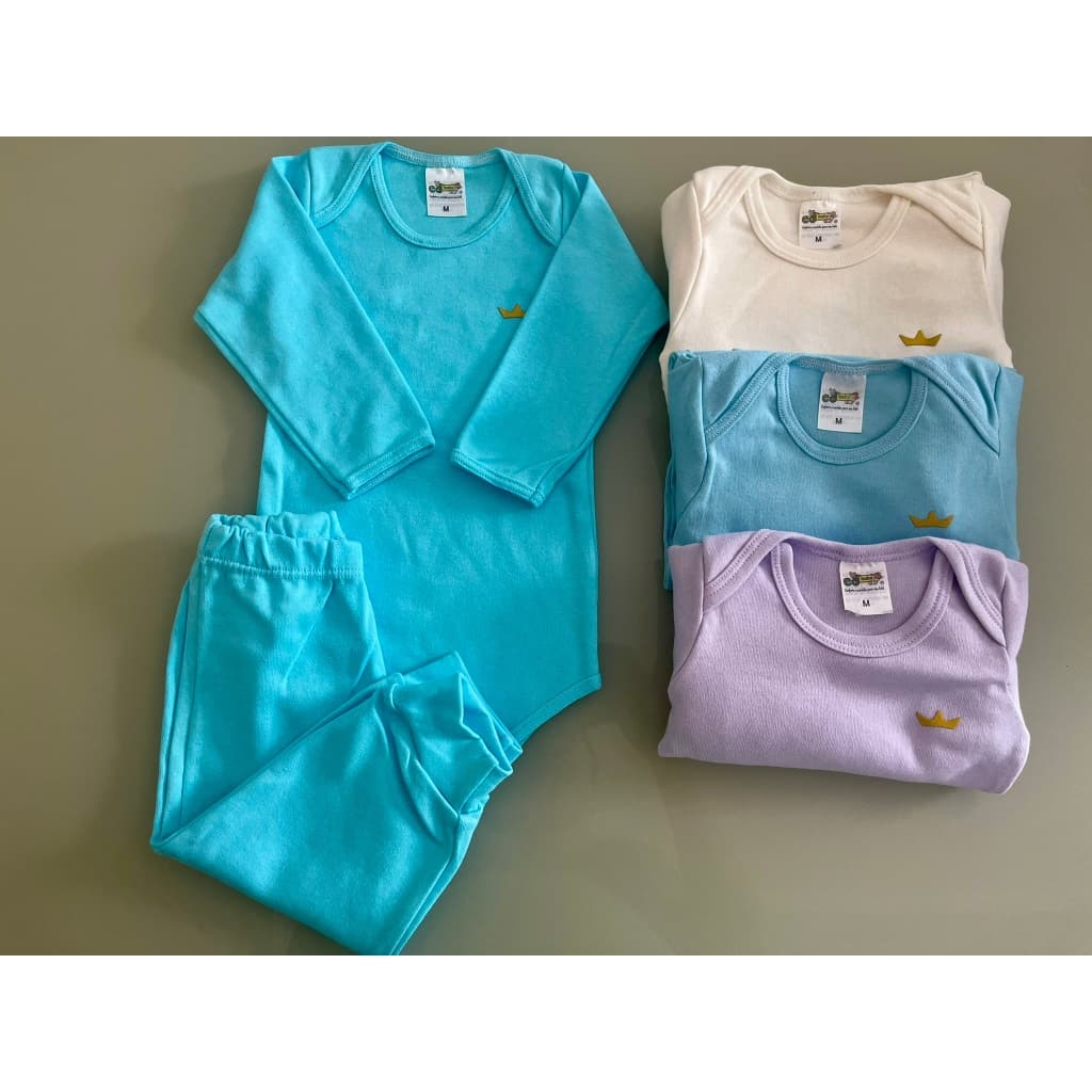 Kit 4 Peças Bebê 100% Algodão Suedine – 2 Body Manga Longa + 2 Mijões Lisos RN P M G Enxoval de Bebê Macio Confortável