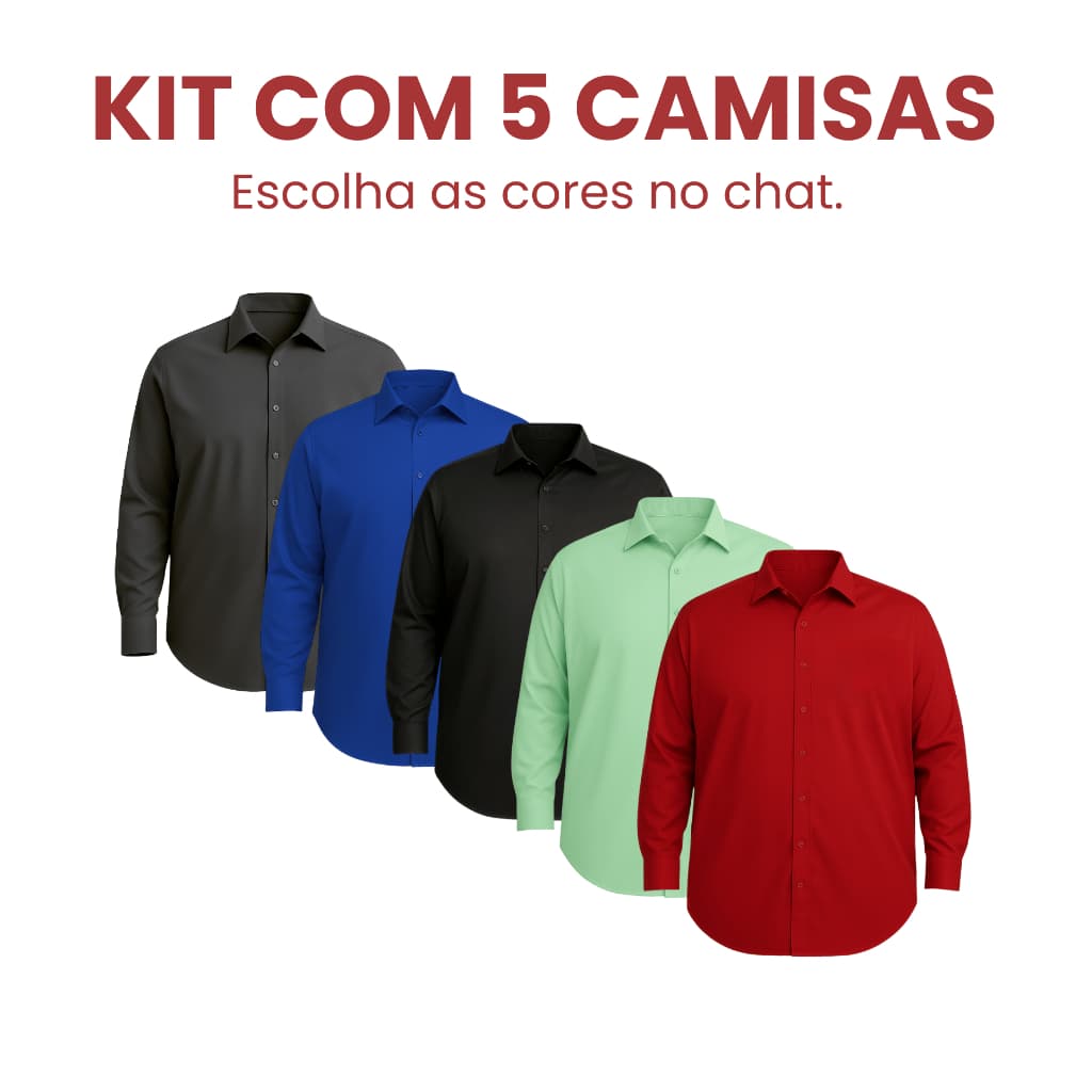 Kit 5 Camisa Masculina Social Manga Longa Slim Lisa Plus Size