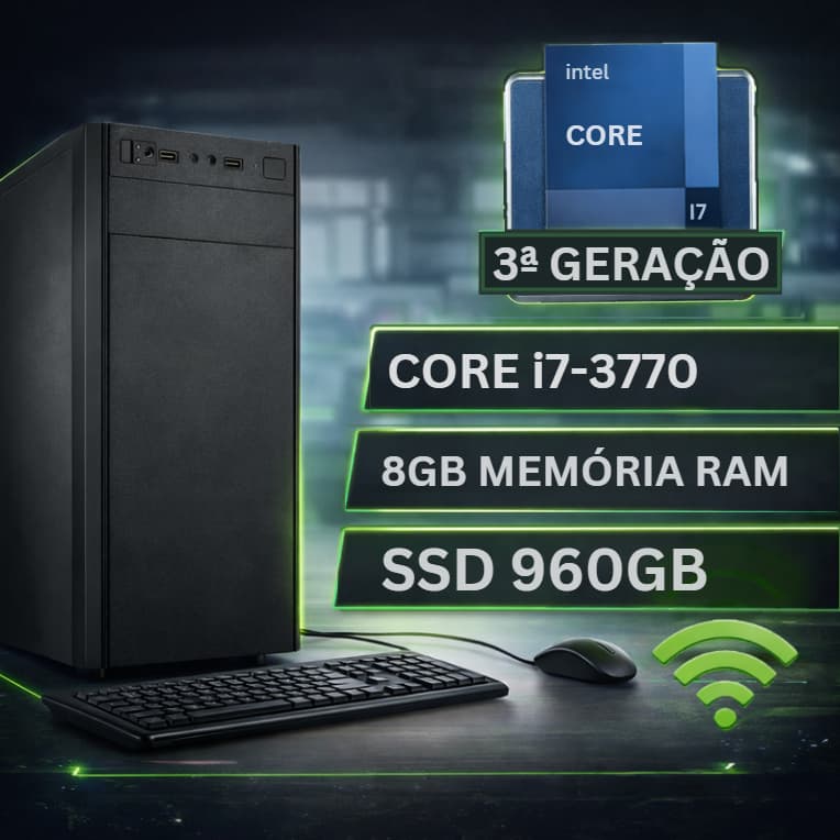 Computador PC Intel Core i7 3.4Ghz - SSD de 960GB - Memória RAM de 8GB - Mouse - Teclado - Wi-fi