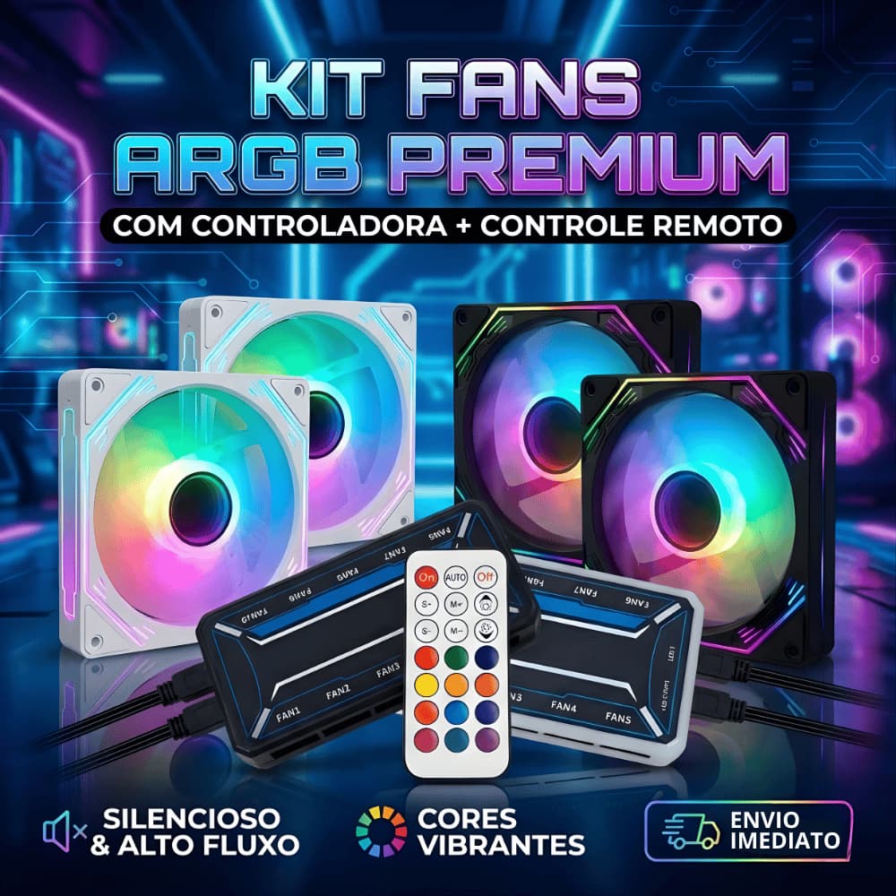 Kit 3 a 10 Fans Cooler para PC Gamer RGB 120mm Preto Branco + Hub Controladora com Controle Remoto