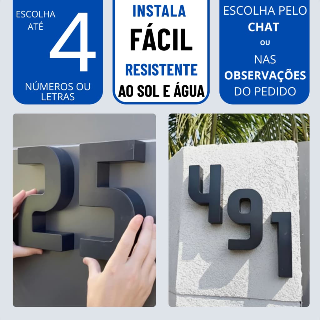 Números Residenciais Letras Caixa Alta 3D Kit com 1 a 4 uni Preto Cromado para Casa Comércio Fachada