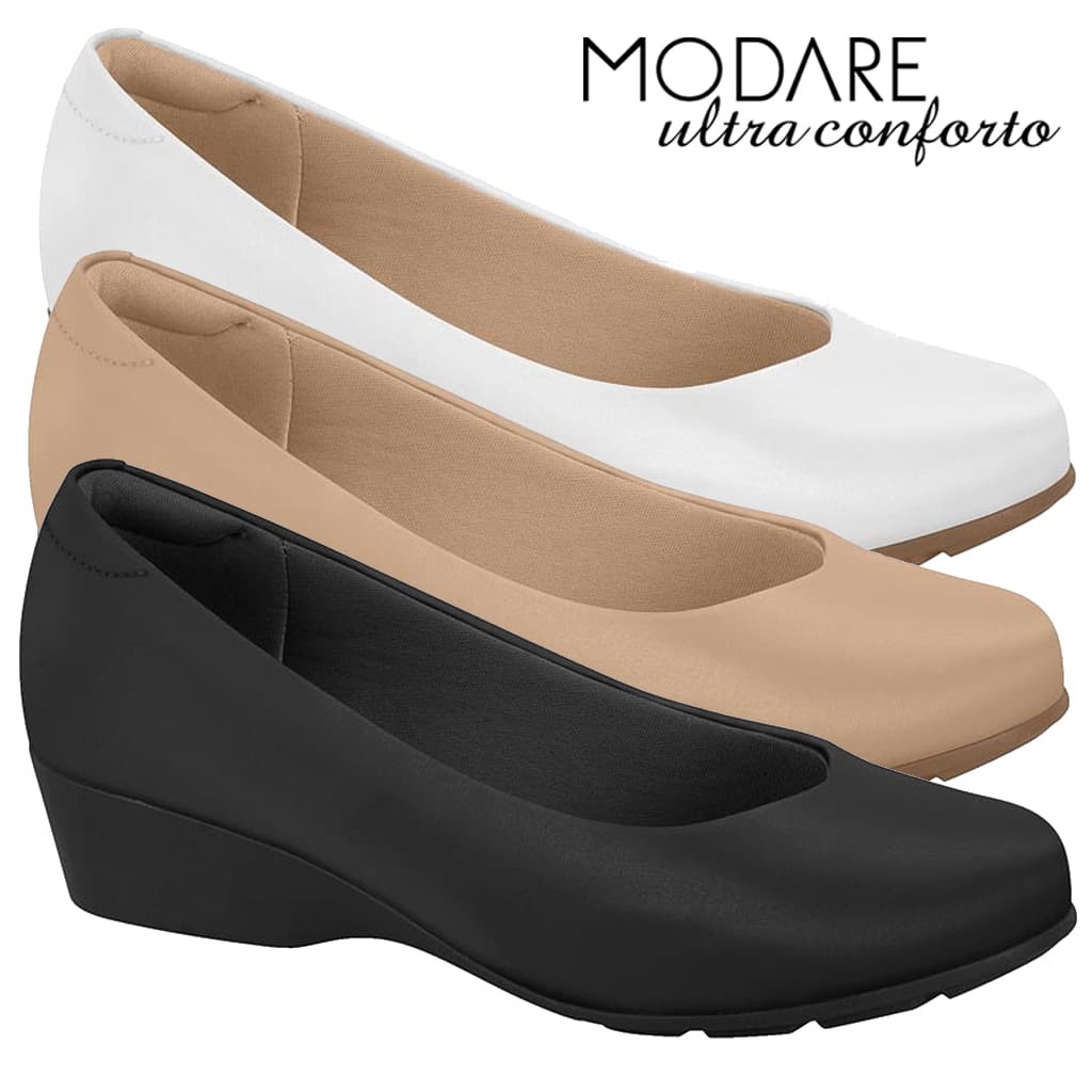 Sapato Feminino Modare Ortopédico Anabela Ultraconforto Branco Preto Confortável Original
