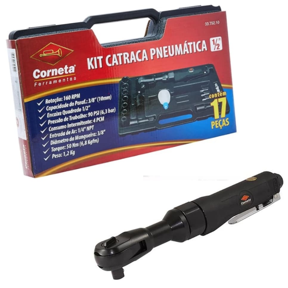Kit Catraca Pneumática 1/2 Completo Com Soquetes Profissional Corneta