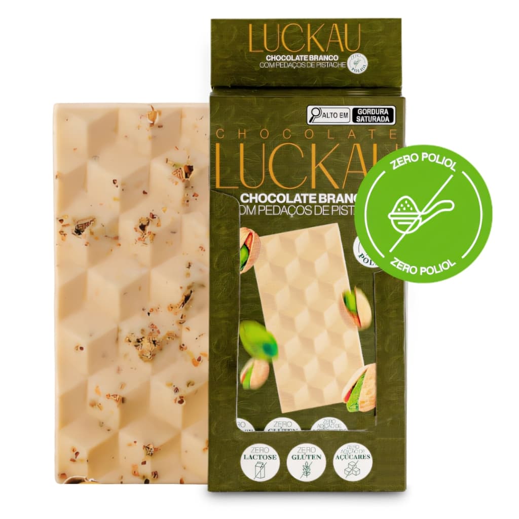 Chocolate Branco Com Pistache Barra Luckau Sem Açúcar Display Com 6un 450g Zero Poliol Saudável