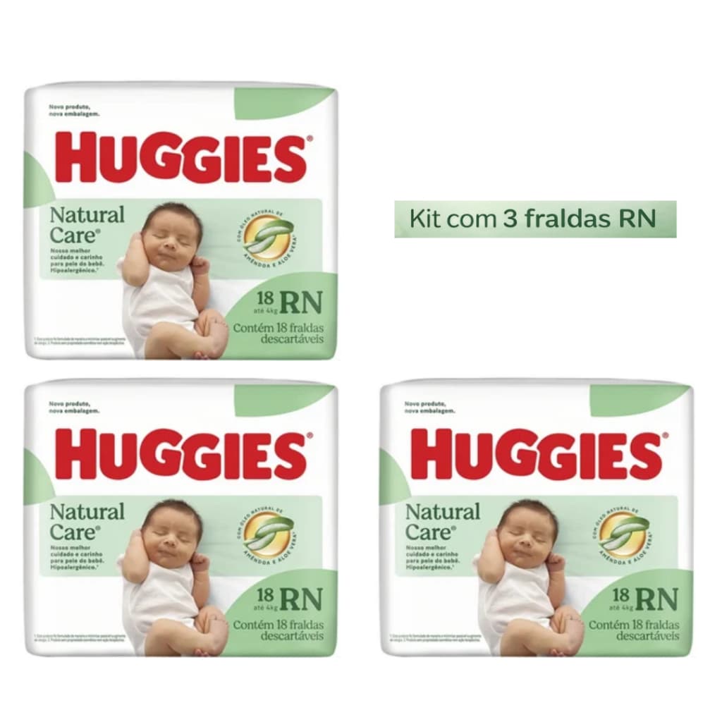 KIT 3 Fraldas Huggies Recém Nascido Natural Care
