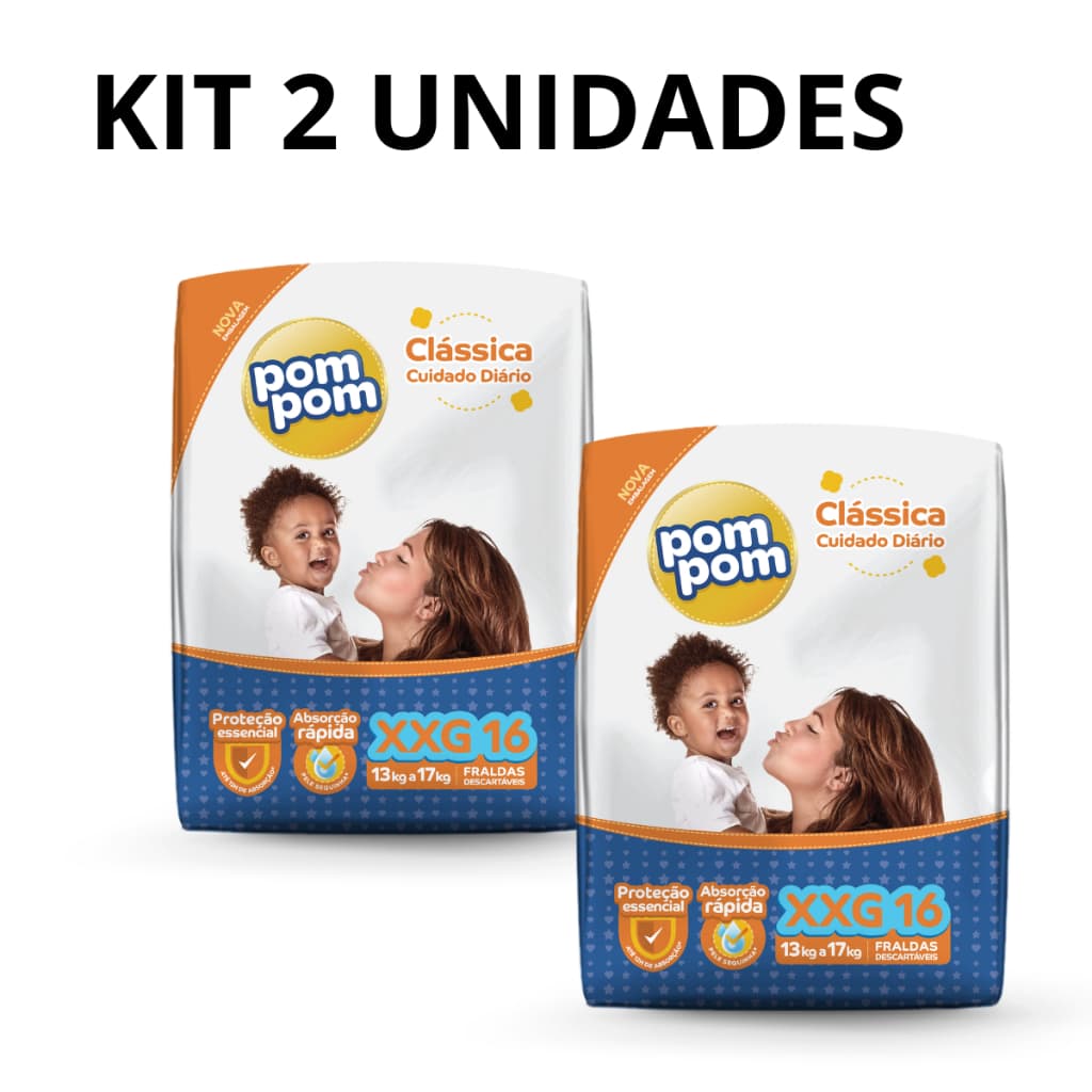 Kit 2 Pacotes de Fralda Descartável Pom Pom Clássica Jumbo Tamanho XXG  com 16 Fraldas