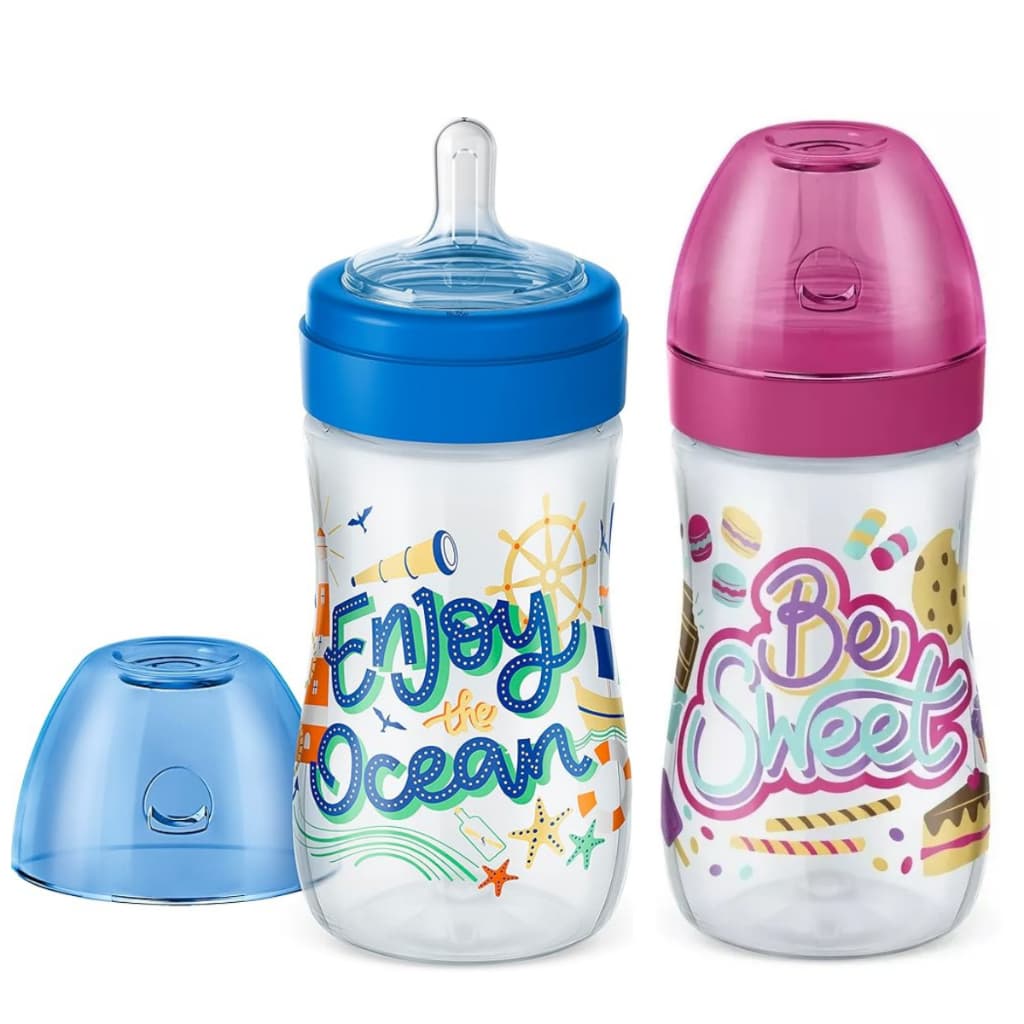 Mamadeira Super Evolution Divertida Bico Reto 300mL Antivazamento +6 Meses Azul/Rosa Lillo