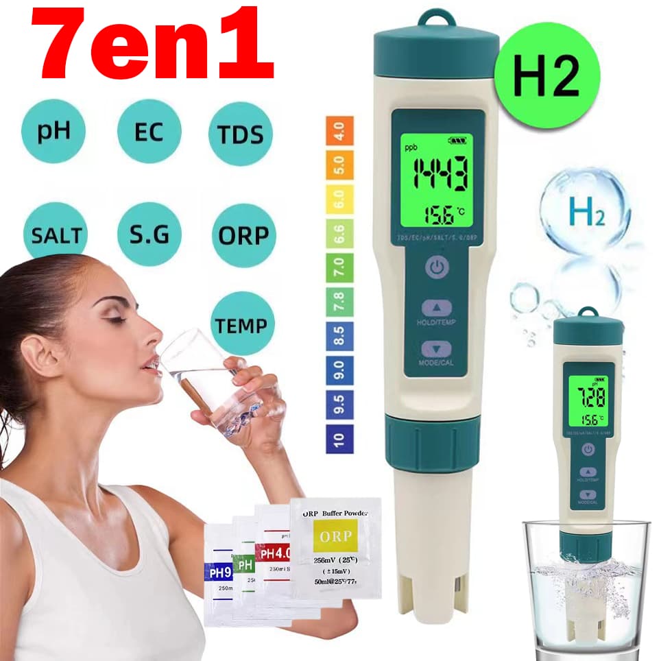 Medidor Digital 7 em 1: pH, EC, TDS, ORP, S.G, Salinidade e Temperatura – Para Água Potável, Piscina e Hidropônicos
