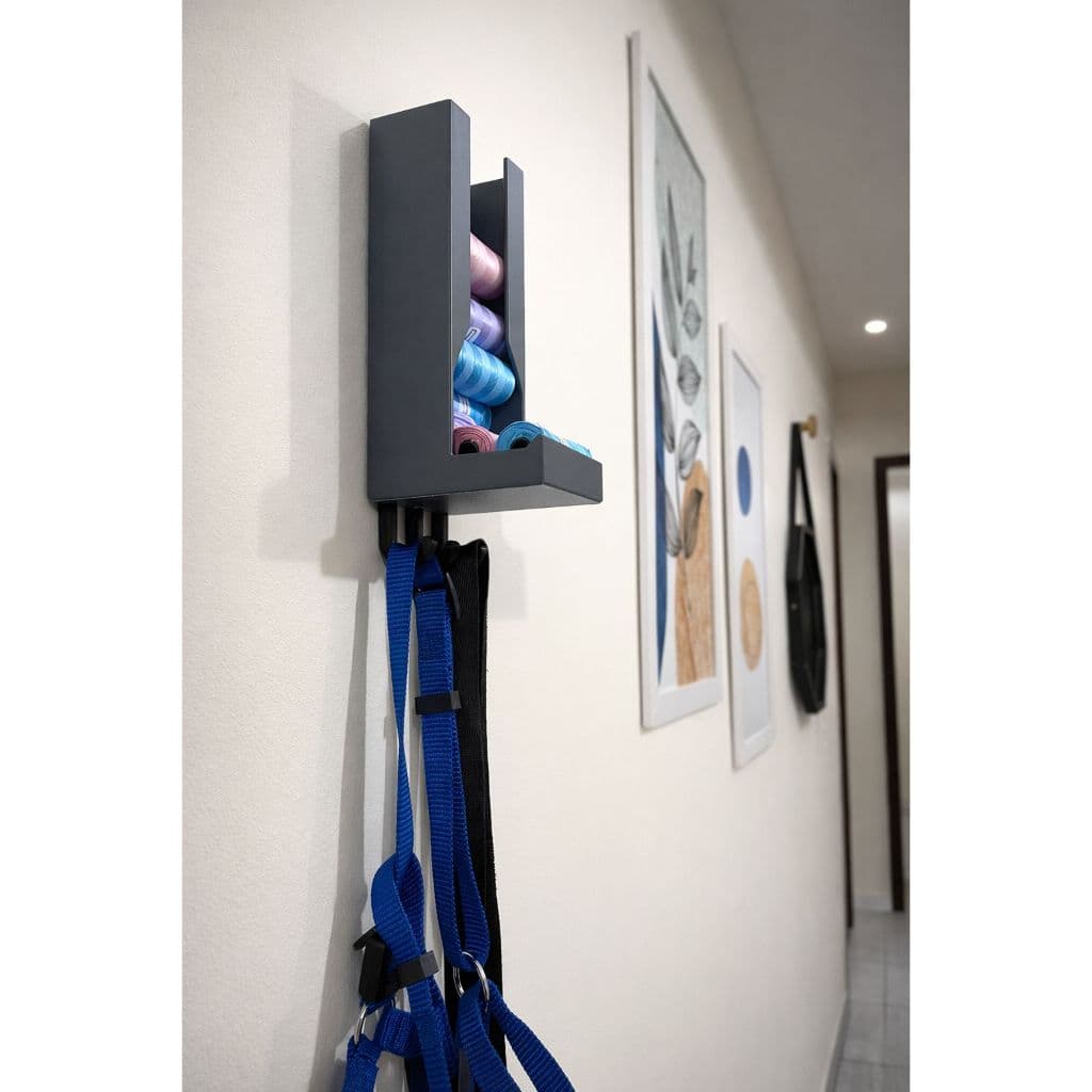 Suporte para Guias e Porta Coleira Pet de Parede com 3 Ganchos e Porta Saquinhos