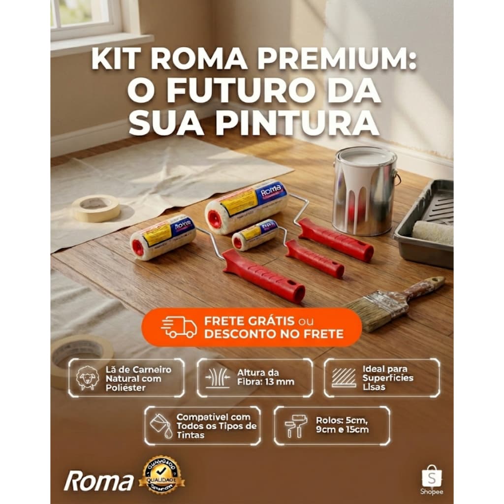 Kit Completo 3 Rolos Lã Carneiro Roma Tamanhos 5 9 15cm Para Pintura Fina Kit Barato