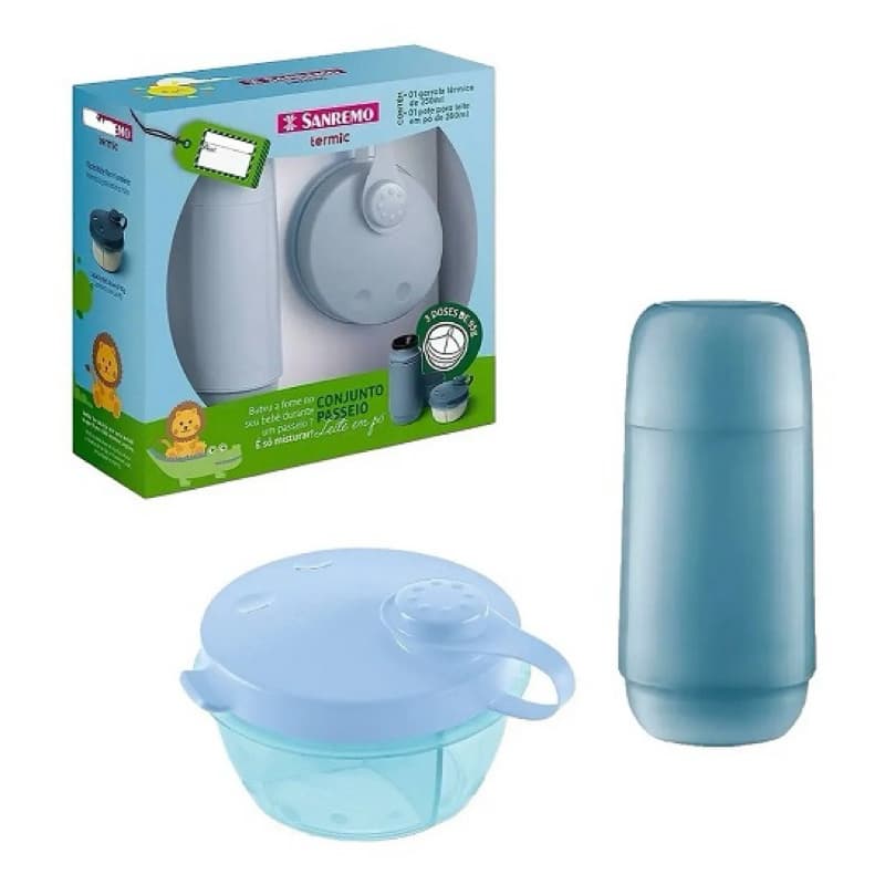 Kit Garrafa Térmica Infantil 250ml com Pote Leite em Pó Sanremo Azul Bebê Conserva Temperatura