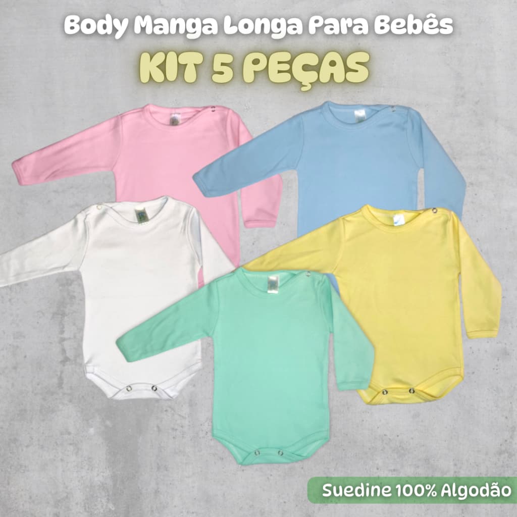 Kit 5 Body Bebê Manga Longa SUEDINE  100% Algodão | Enxoval P M G Menino Menina