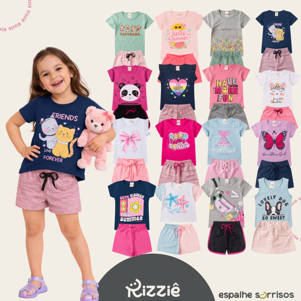 Kit Sortido 6 Peças de Roupas Infantil Verão Menina 3 Camisetas + 3 Bermudas - Kit 3 Conjuntos Infantil Menina Bebê