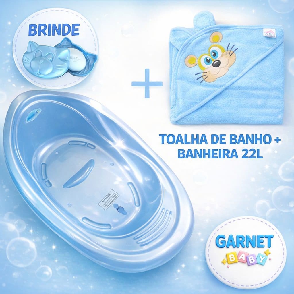 Kit Banheira de Bebê 20L + Toalha de Banho + Saboneteira – Menina Menino Neutro