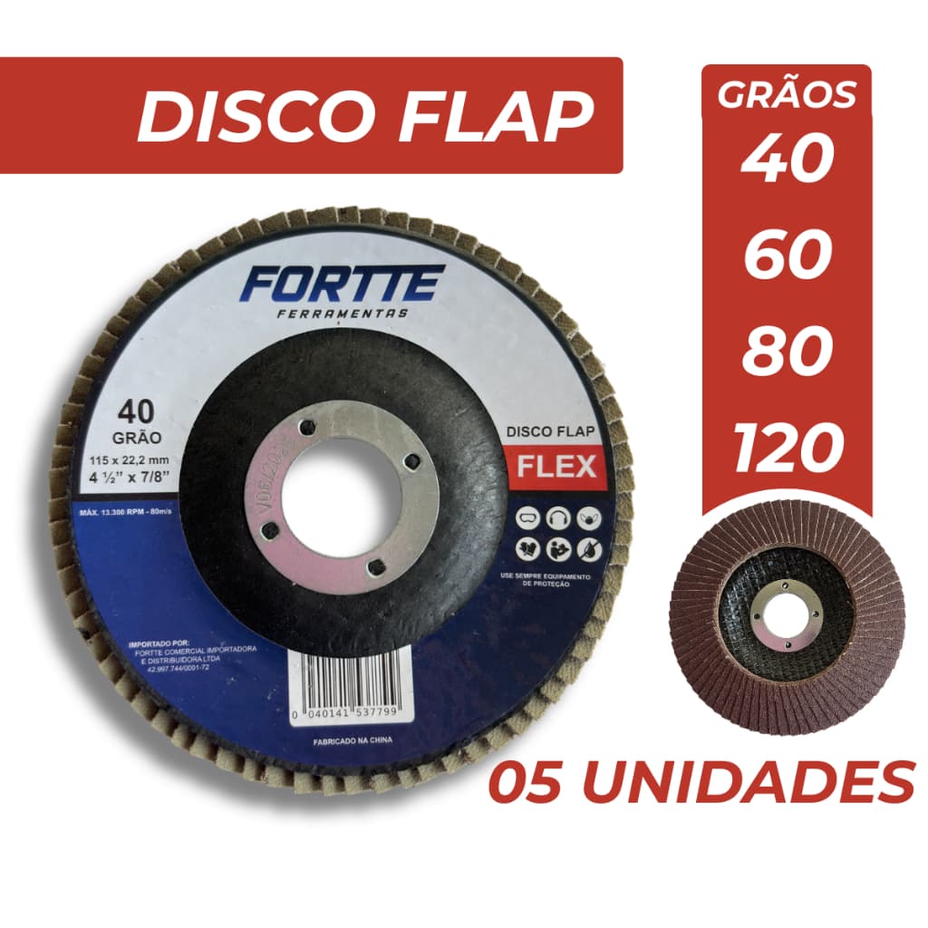 Kit 05 Disco Flap Lixa Para Madeira Aço e Ferro Flap Disc Lixadeira Esmerilhadeira 4.1/2 Grão 40 60 80 120 10.300 RPM