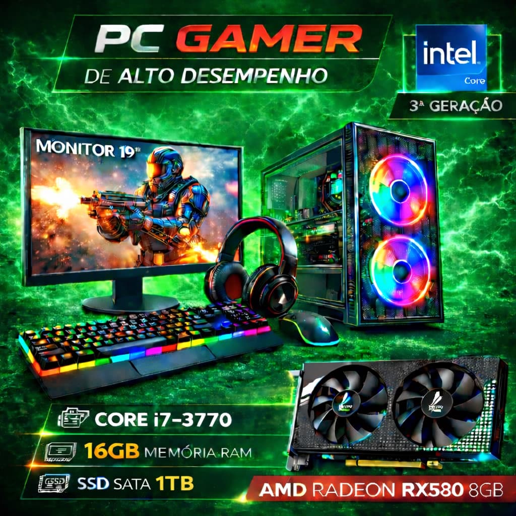 Computador Gamer Completo i7 - SSD 1TB Nvme - 16GB de RAM - Placa de Vídeo RX580 8GB - Monitor 19"