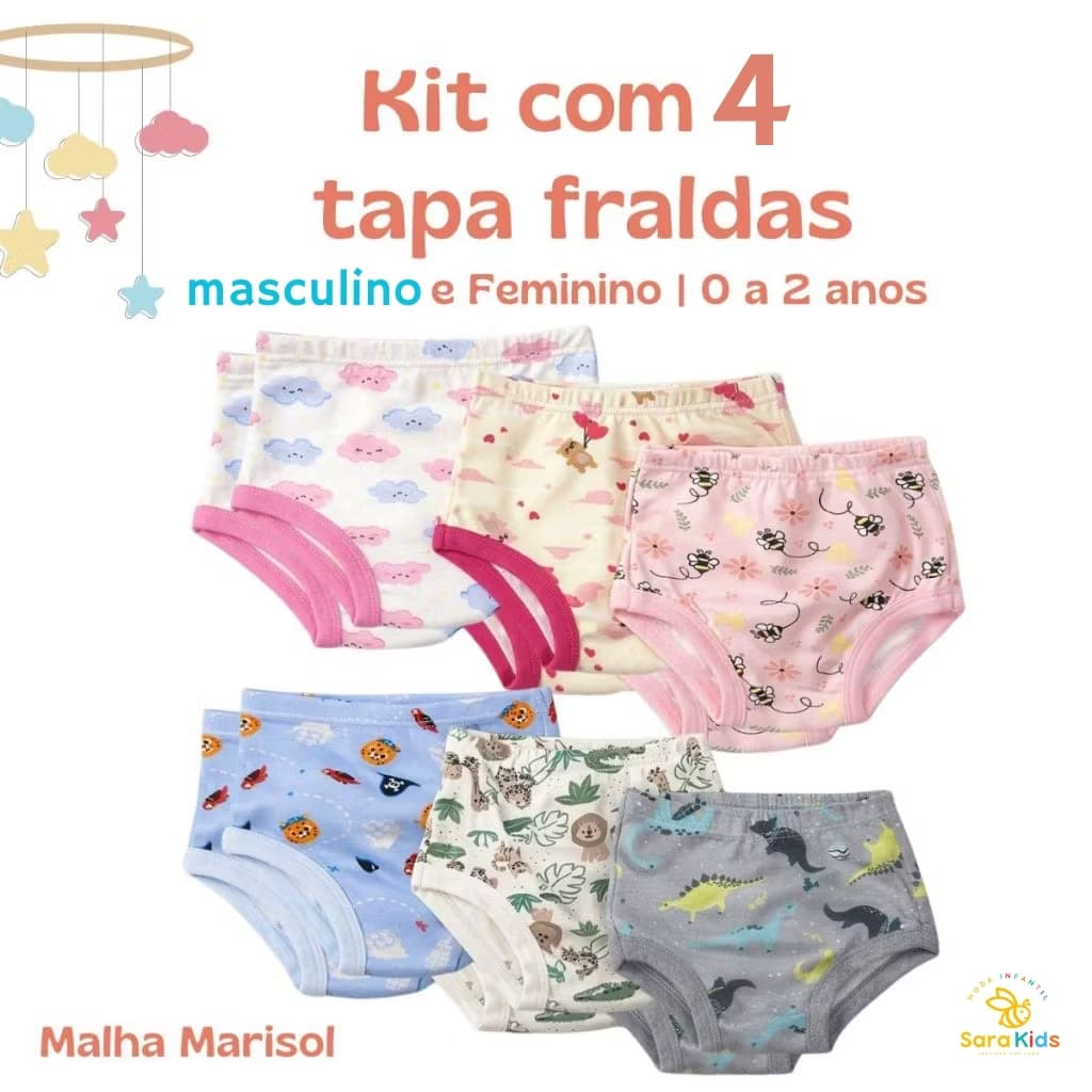 Kit 4 Tapa Fraldas  / Calcinha / Cueca / Bebê Malha Algodão que Estica Infantil Conforto Dia a Dia Verão Creche