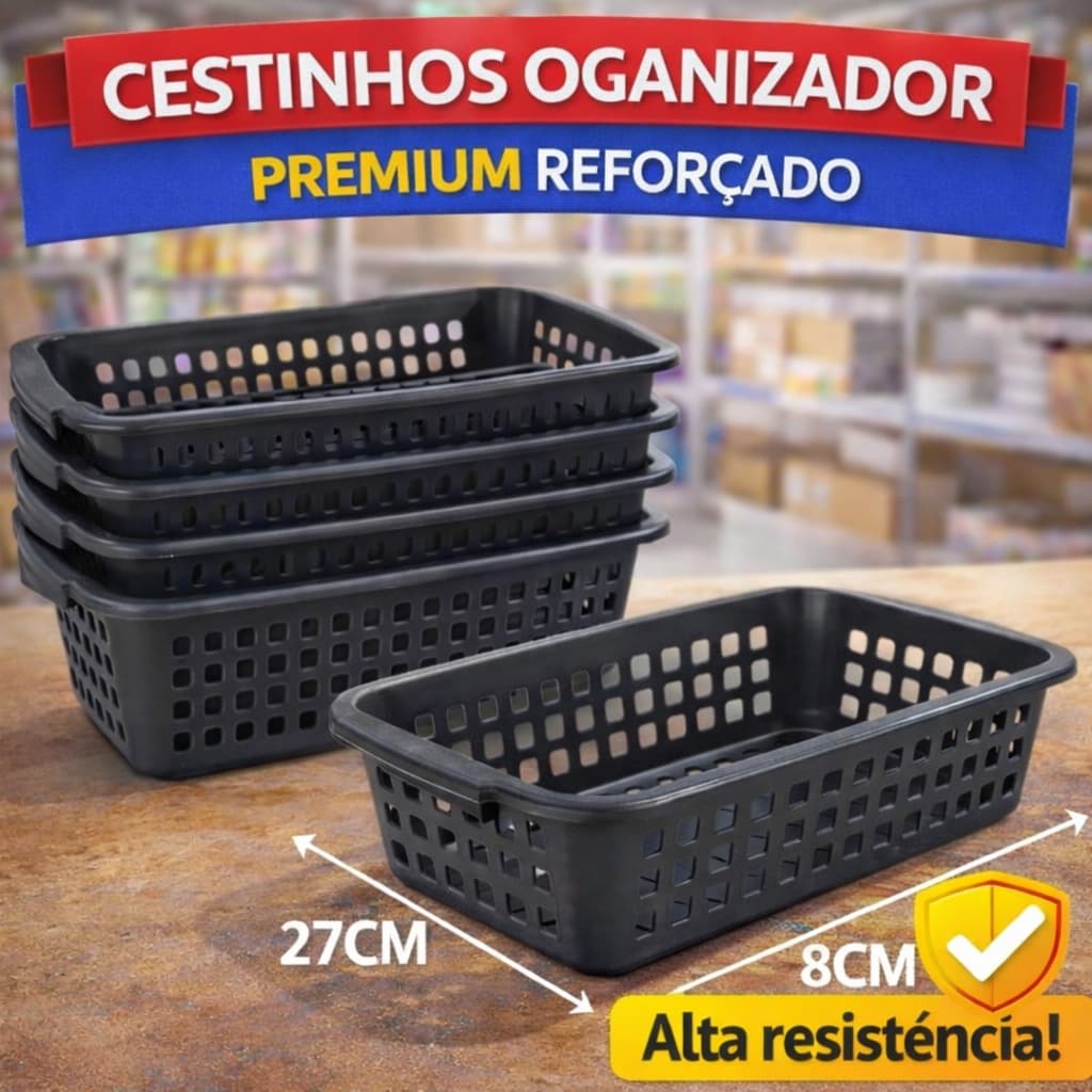 Cesto Organizador Plástico Premium Preto Multiuso Cozinha Banheiro Empilhável Resistente