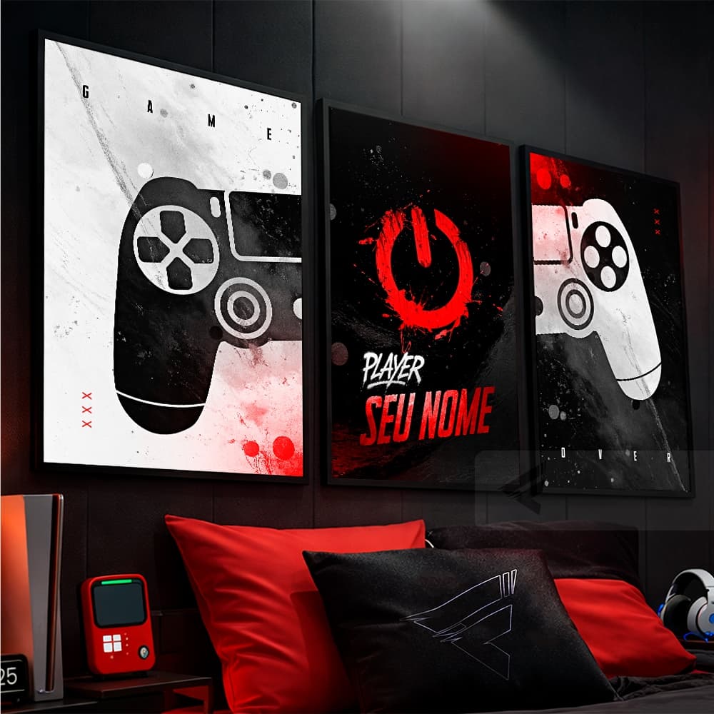Kit 3 Quadros Gamer - Decoração Quarto Gamer Menino - Personalizado com Nome - Controle Video Game