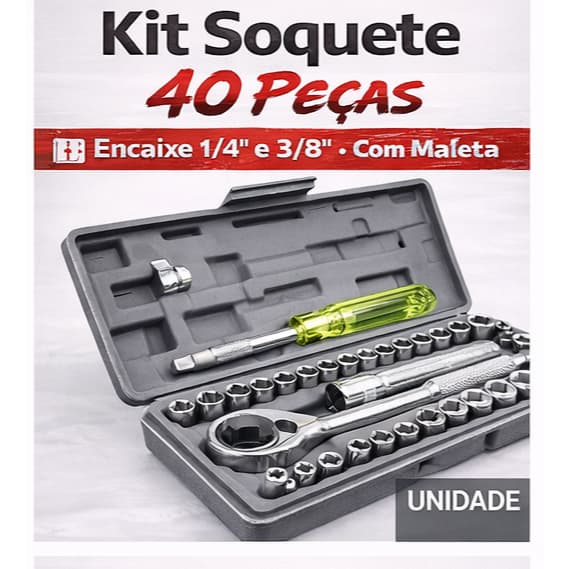 Jogo de Soquetes 40 Peças 1/4 e 3/8 Kit Catraca Ferramentas Completo com Maleta