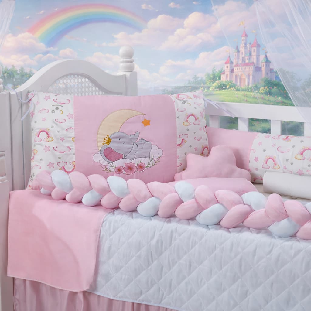 Kit Berço Pop com Trança e Mosquiteiro Menino e Menina 7 peças Enxoval para Bebê