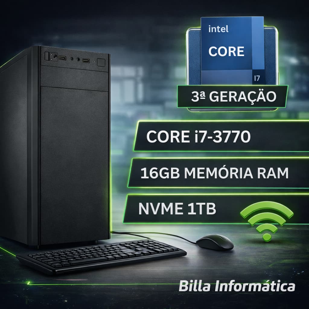 Computador Intel Core i7 3.4Ghz - SSD 1TB Nvme - Memória 16GB - Mouse - Teclado - Wi-fi