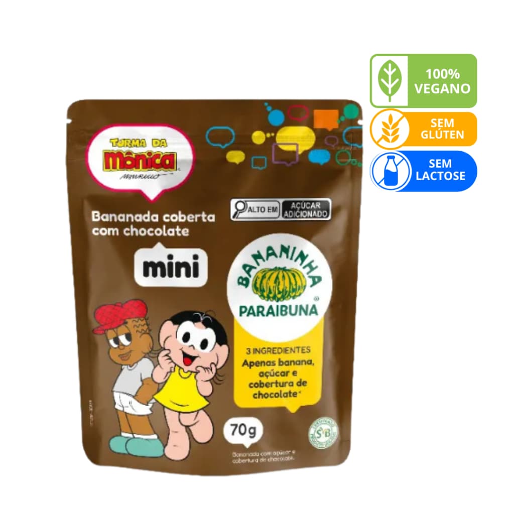 Mini Bananinha com Chocolate Vegano Turma da Mônica 70g - Lanchinho Infantil Saudável Sem Lactose