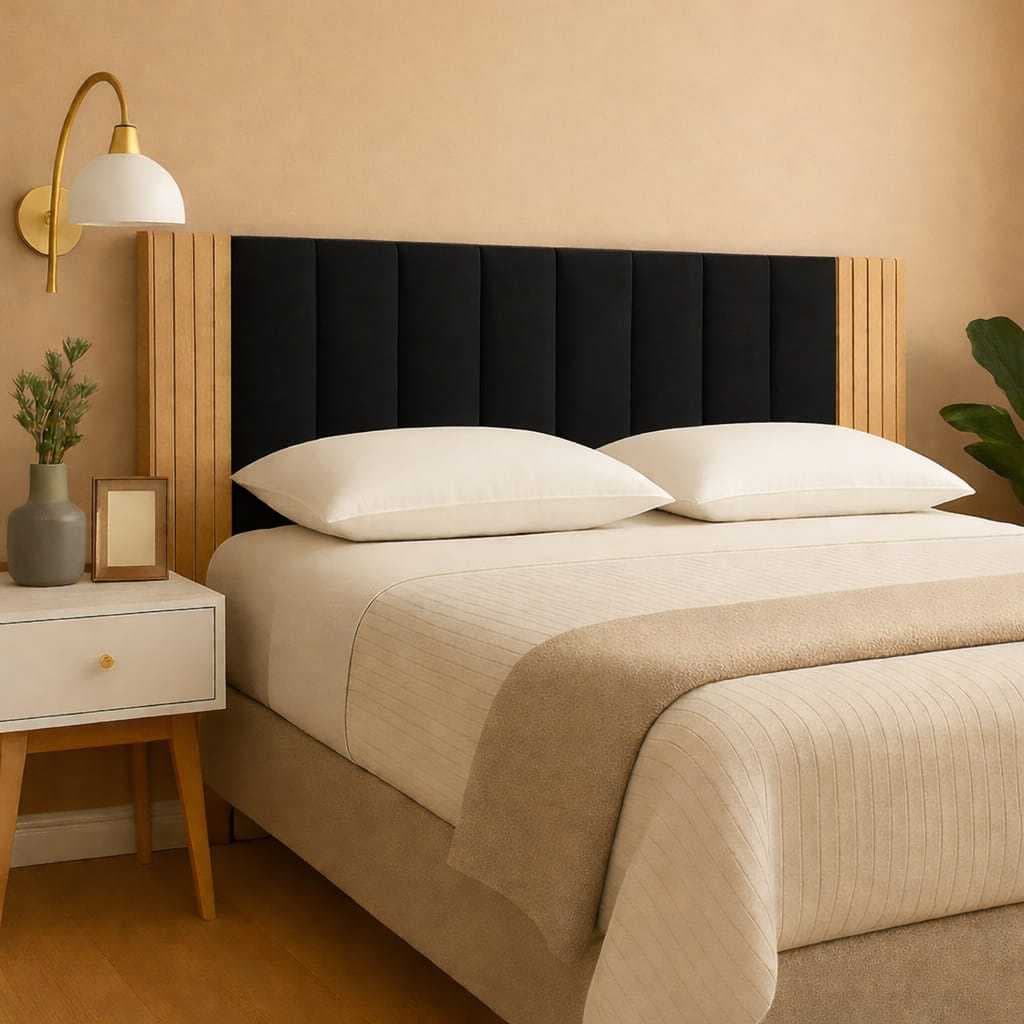 Kit Completo Cabeceira Cama Box Estofada Adesiva+Painel Ripado MDF Cama Solteiro Queen Casal Full