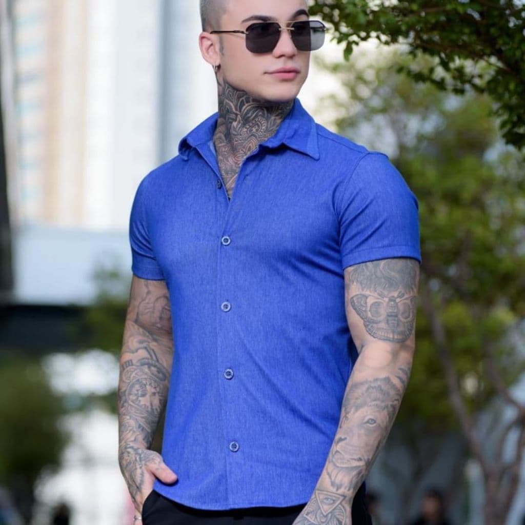 Camisa Masculina Jeans Social Manga Curta Com Botões Slim Fit Social Premium
