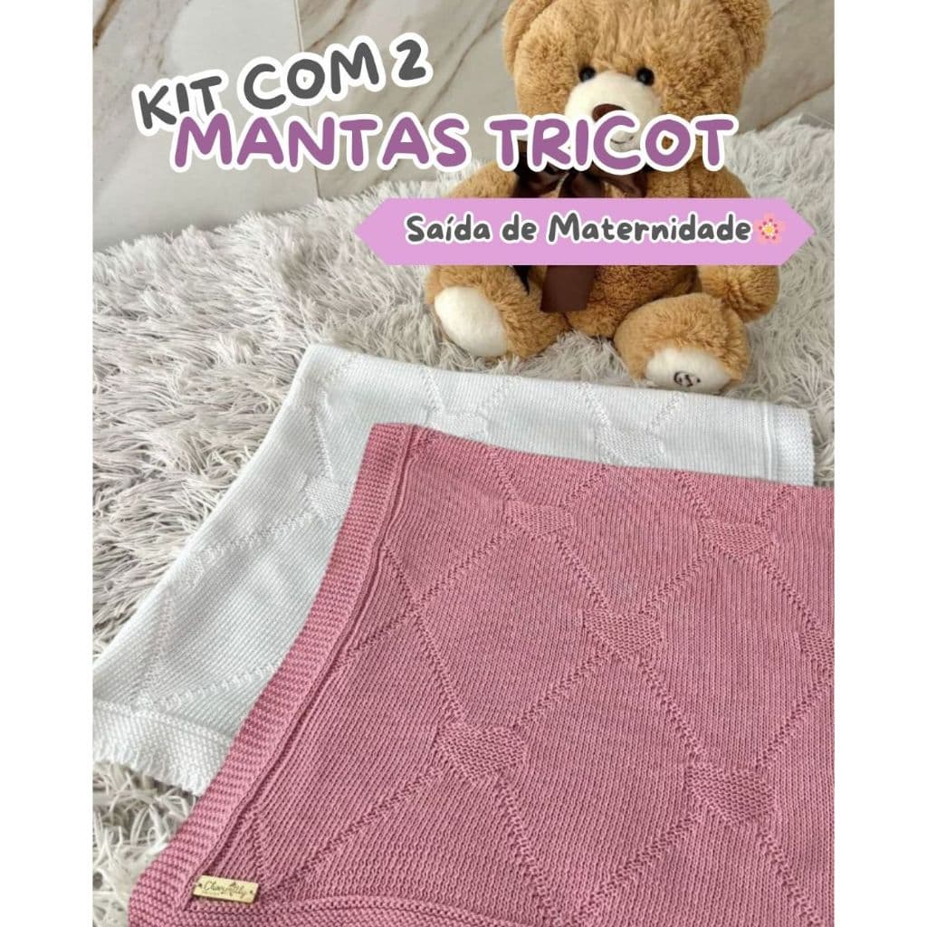 Kit com 2 Saída de Maternidade Manta Tricot Bebê Coração  Luxo Cobertor Recém Nascido Menina Menino