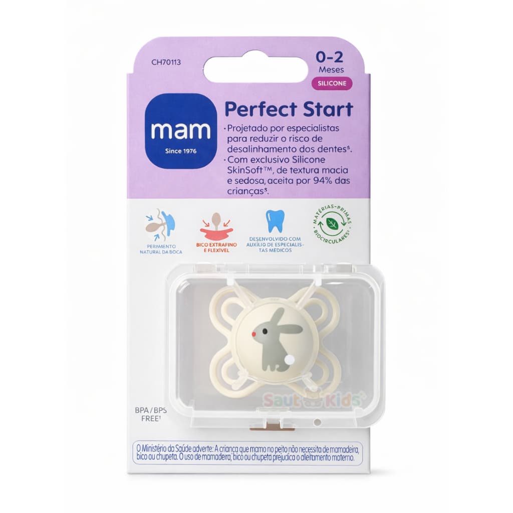 Chupeta Mam Perfect Silicone 0-2m Unitária Com Estojo Neutra para Recem Nascido RN Prematuro Chupeta