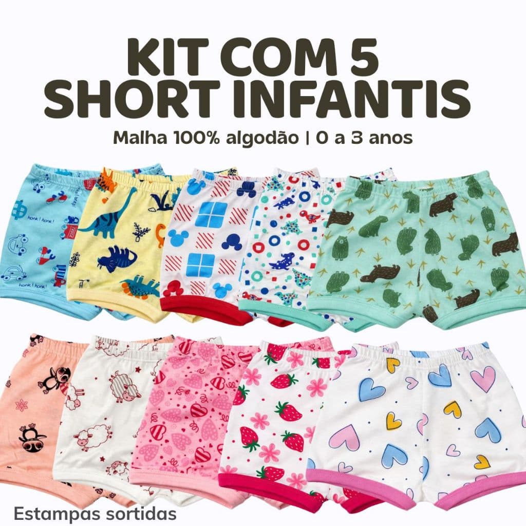 Kit 5 Shorts Tapa Fralda Infantil e Bebê para Menino e Menina Estampados de Algodão Para Calor De Verão Confortável