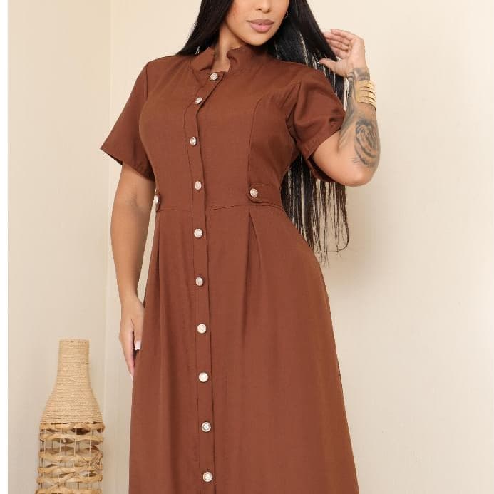 Vestido femenino Longo Elegante Casual Detelhes em Botões Abertura Tecido Sensorial
